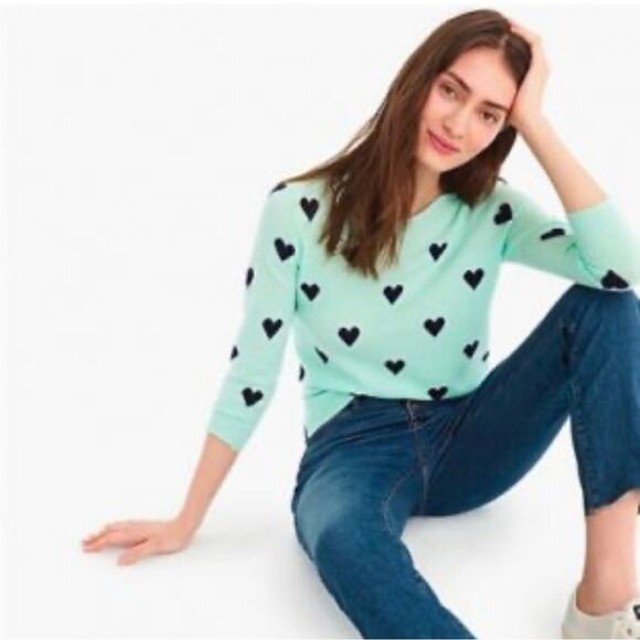 J.Crew Cashmere Heart Print Mint Green Navy Sweater XS Crewneck Soft Cozy - Picture 1 of 12